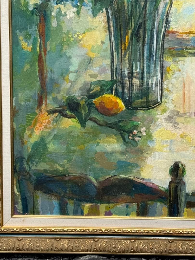 平野能子作　油彩絵　窓辺のボンボニエール　直筆　額装　P50号　送料込み0822