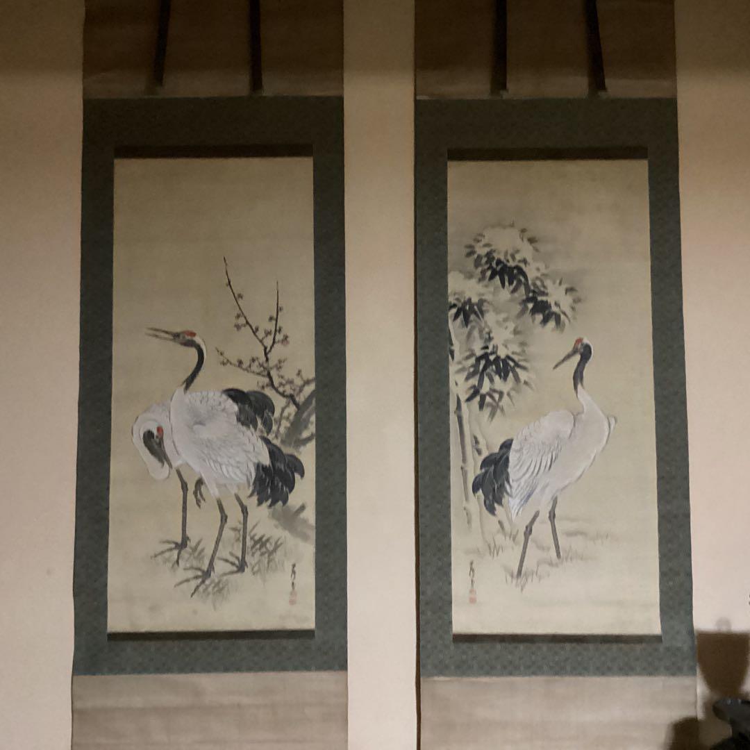 O-27 鶴と松竹梅の水墨画 掛軸 双幅　210cm