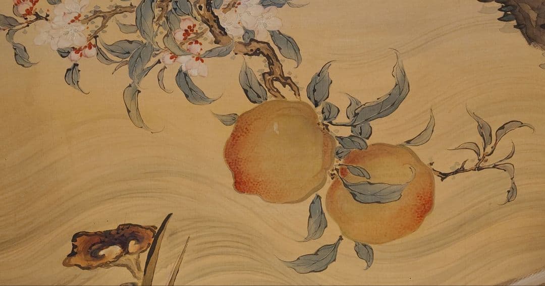 瀧和亭 貞信 海鶴蟠桃図 掛軸 箱書有 大判 明治期