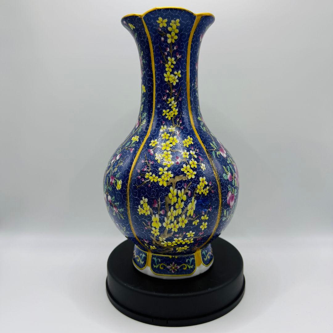 L106 青彩四角エナメル彩彩磁器花瓶 アンティーク