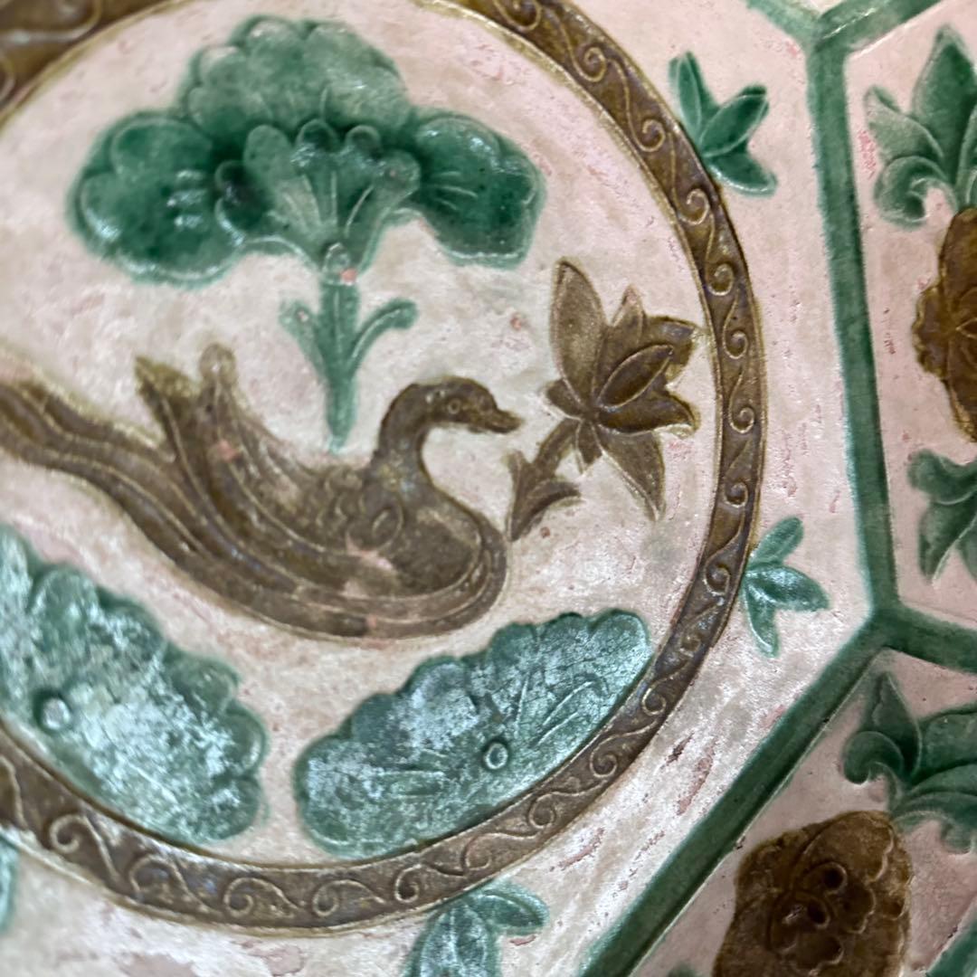 希少 遼代 三彩八角盤 清朝期 粉彩花の図 輪花台皿 中国古玩 中国美術 骨董品