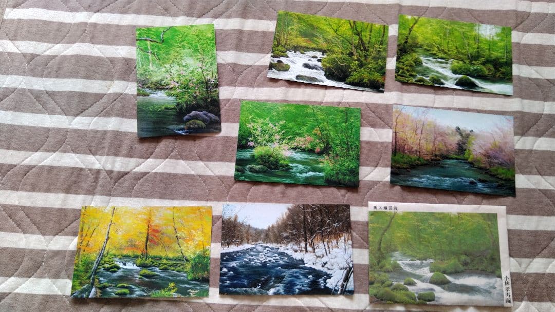 奥入瀬渓流　新緑　油絵　Ｆ６号　サイン入り　額入り　斉藤孝治　新緑の季節です