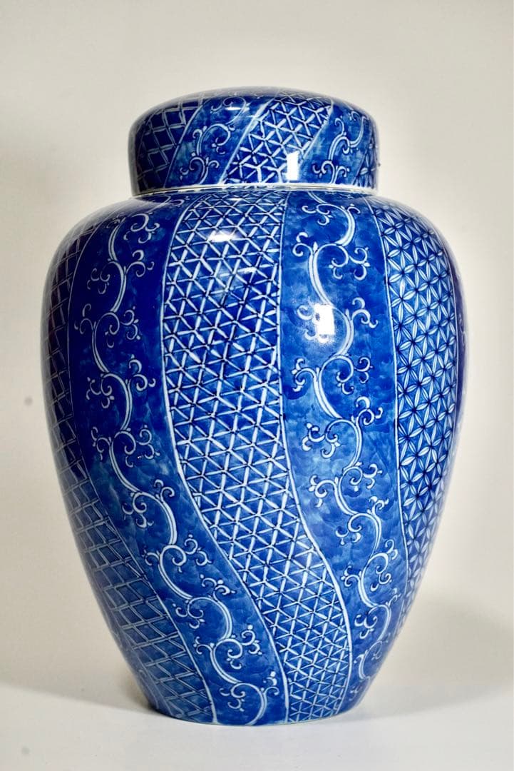 初代 川本桝吉 枡吉 染付有職文沈香壺 明治期瀬戸の名工　瀬戸焼