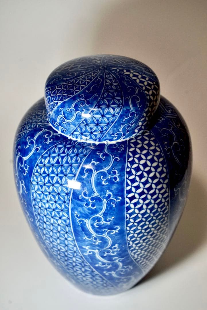 初代 川本桝吉 枡吉 染付有職文沈香壺 明治期瀬戸の名工　瀬戸焼