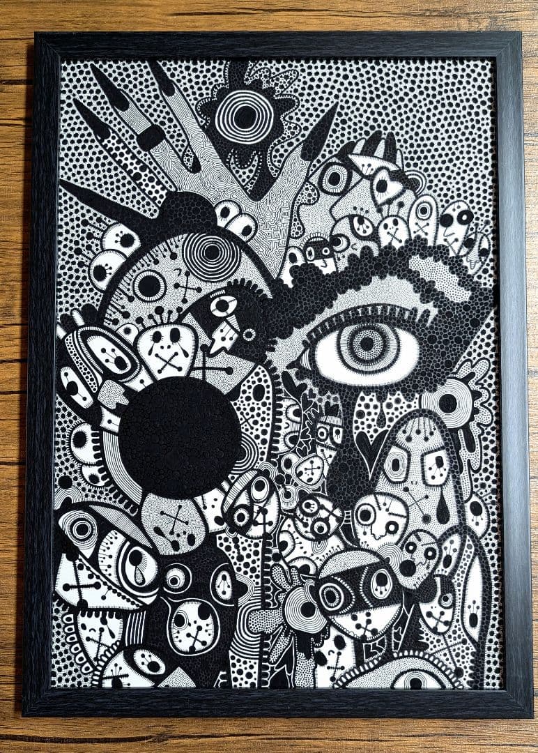 A3額付き　アート　オリジナルアート　絵画　原画　アクリル画　ペン画　インテリア