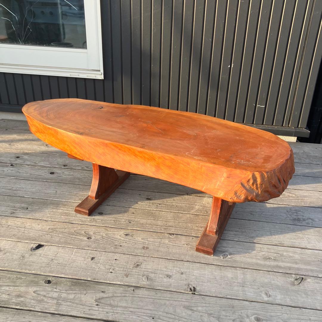 ②昭和レトロ 木製 天然木 欅材 一枚板 脚付き 座卓 センターテーブル 楕円形