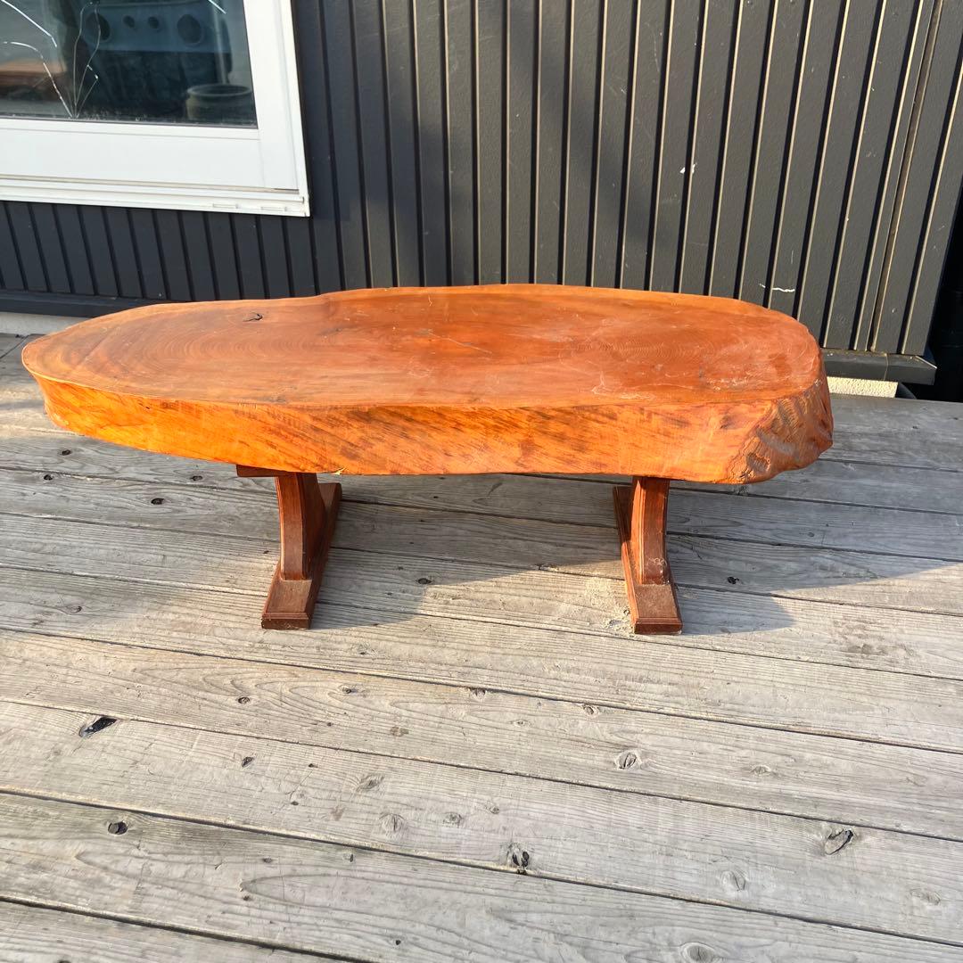 ②昭和レトロ 木製 天然木 欅材 一枚板 脚付き 座卓 センターテーブル 楕円形