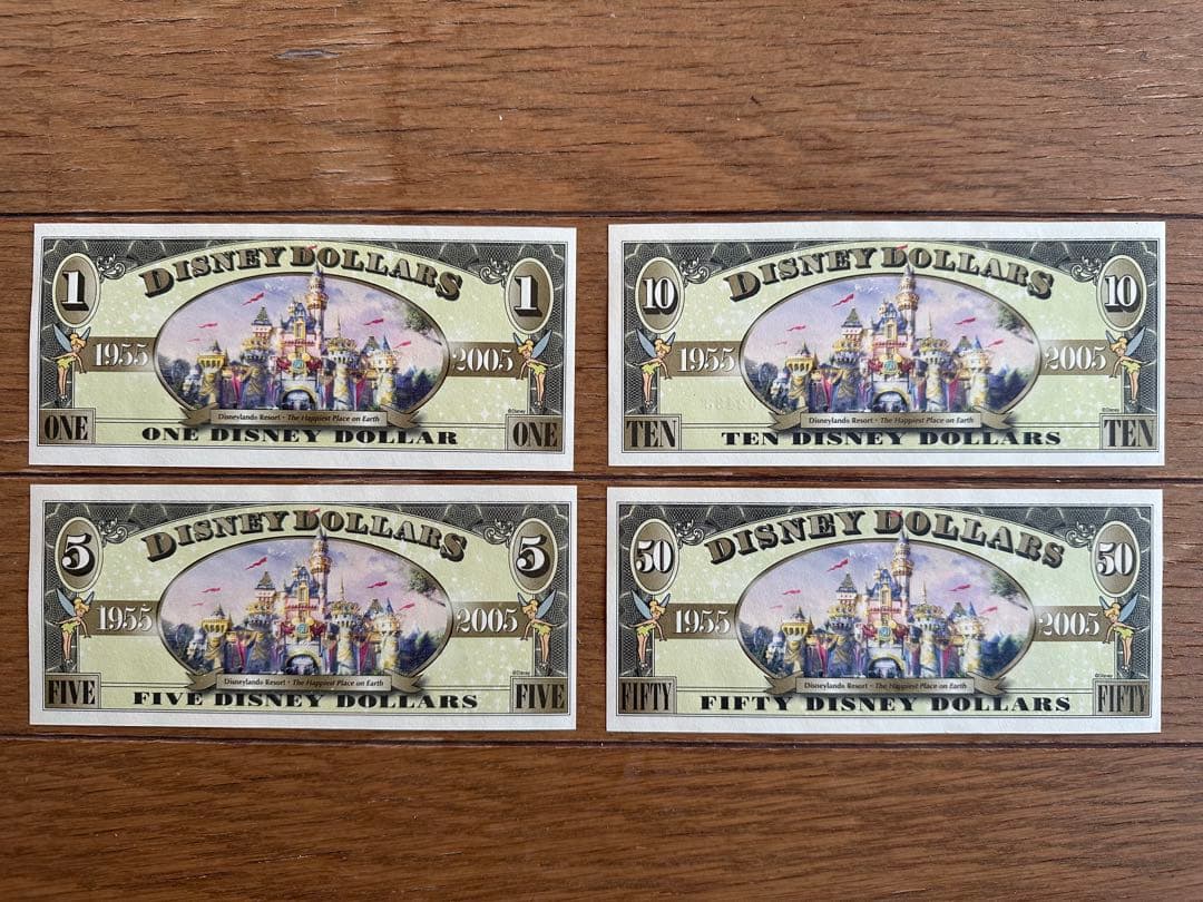 ディズニーダラー　カリフォルニア50周年記念紙幣4枚セット