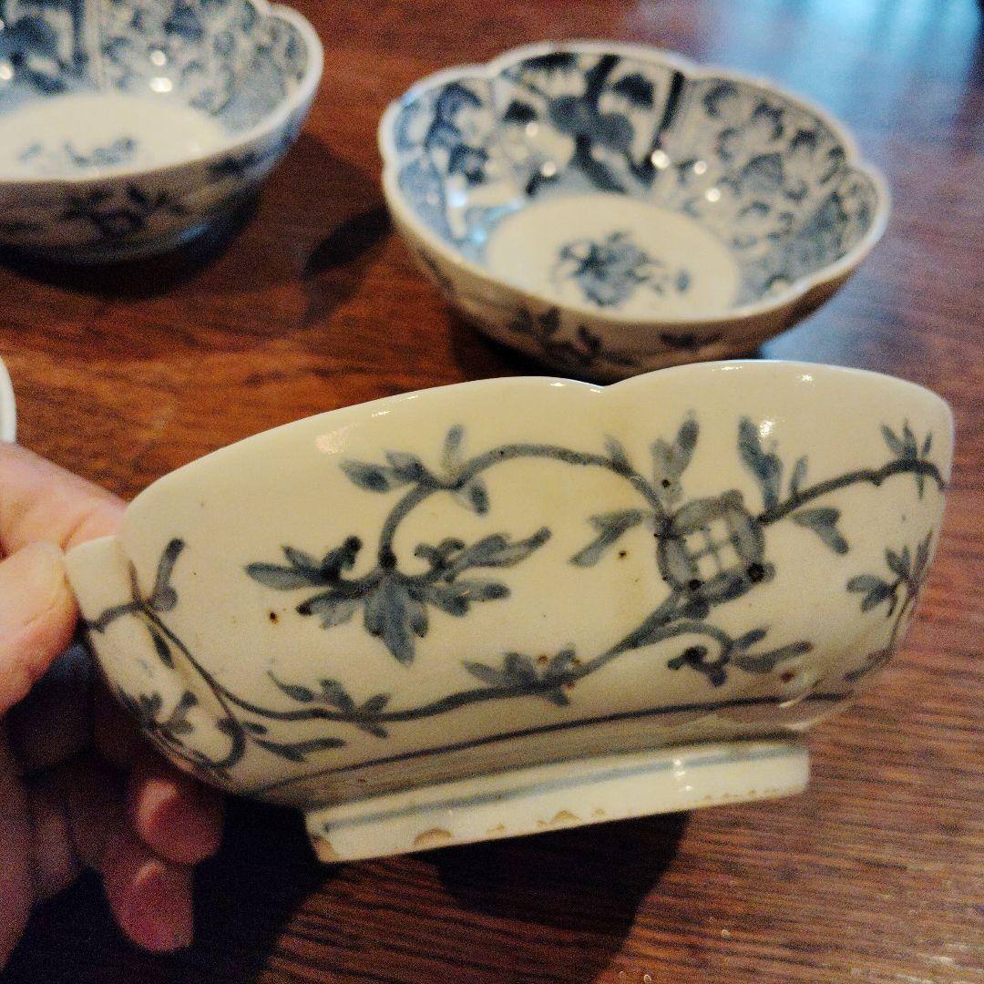 古伊万里なます皿、渦福柿右衛門手。青白磁 花柄 6客