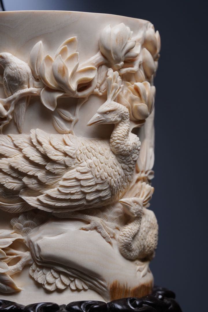 天然マンモス牙美しい手作り彫刻 鳳凰 筆筒