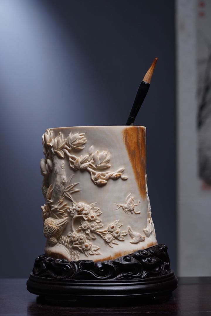 天然マンモス牙美しい手作り彫刻 鳳凰 筆筒