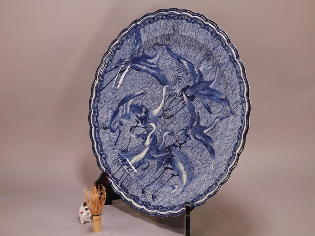 BK266　江戸期　古伊万里　大明成化年製銘　古染付郡鷺文様　大皿　1尺7寸