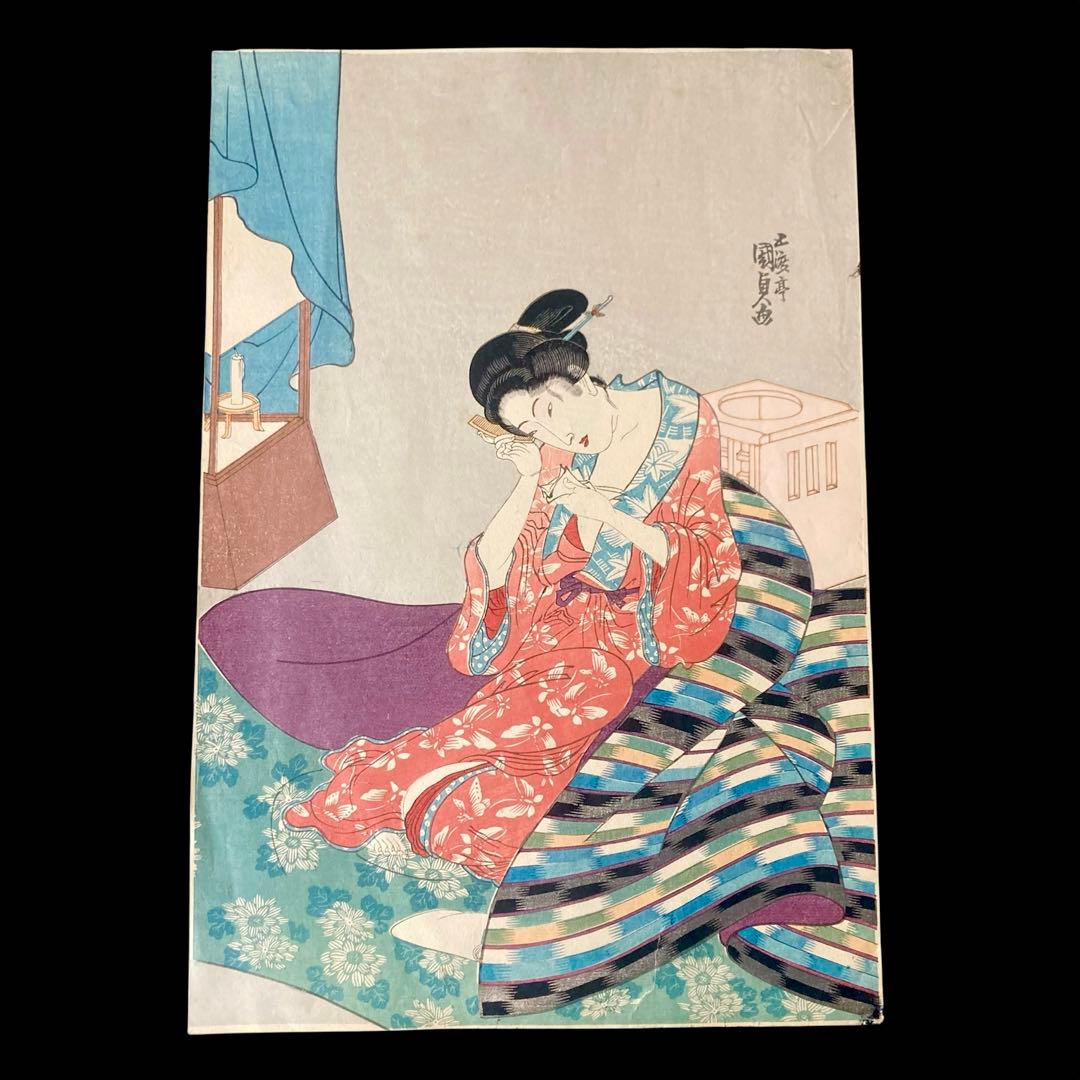 五渡亭国貞　美人画　浮世絵　木版画　髪かき　髪結　櫛　UKIYOE