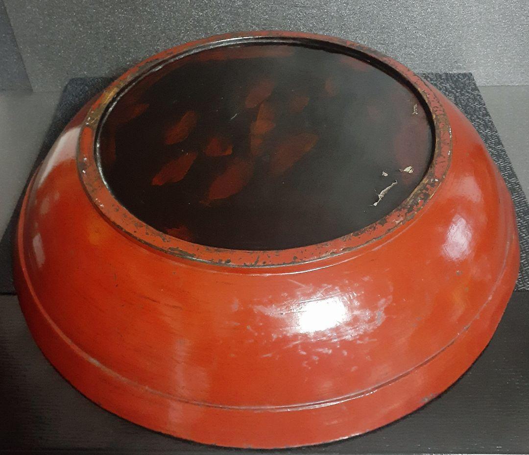 【古民芸】明治時代頃　本天然木　くり貫き　朱漆塗り　42.9cm　こね鉢　盆