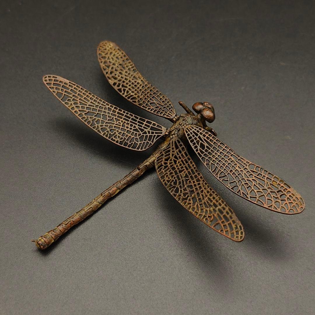 2品　銅製置物　蜻蛉　トンボ　勝虫　雨宮宗作　関節可動　金工品　茶道具