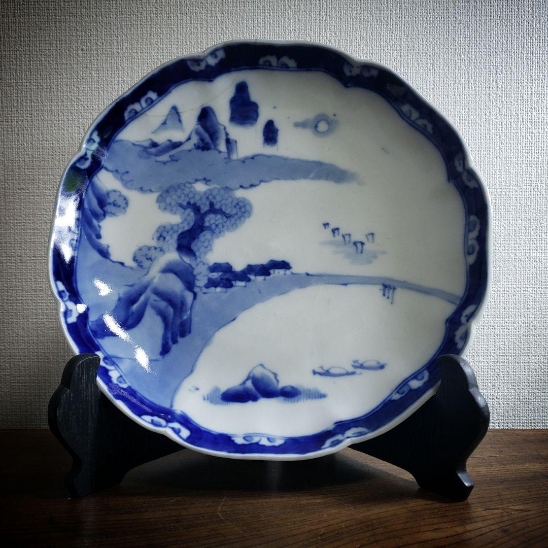 大皿　八寸皿　染付　輪花　山水図　古伊万里　江戸　鎹継ぎ　ハ号