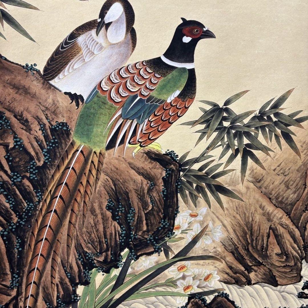 吕纪 山茶錦鶏図 中堂掛け軸　中国花鳥画　宣紙　書画工芸