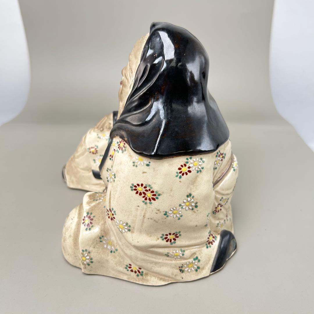 【平安竹泉】作 菊花仙俵着彩八十翁福禄寿 陶像 七福神 縁起物 昭和レトロ 置物