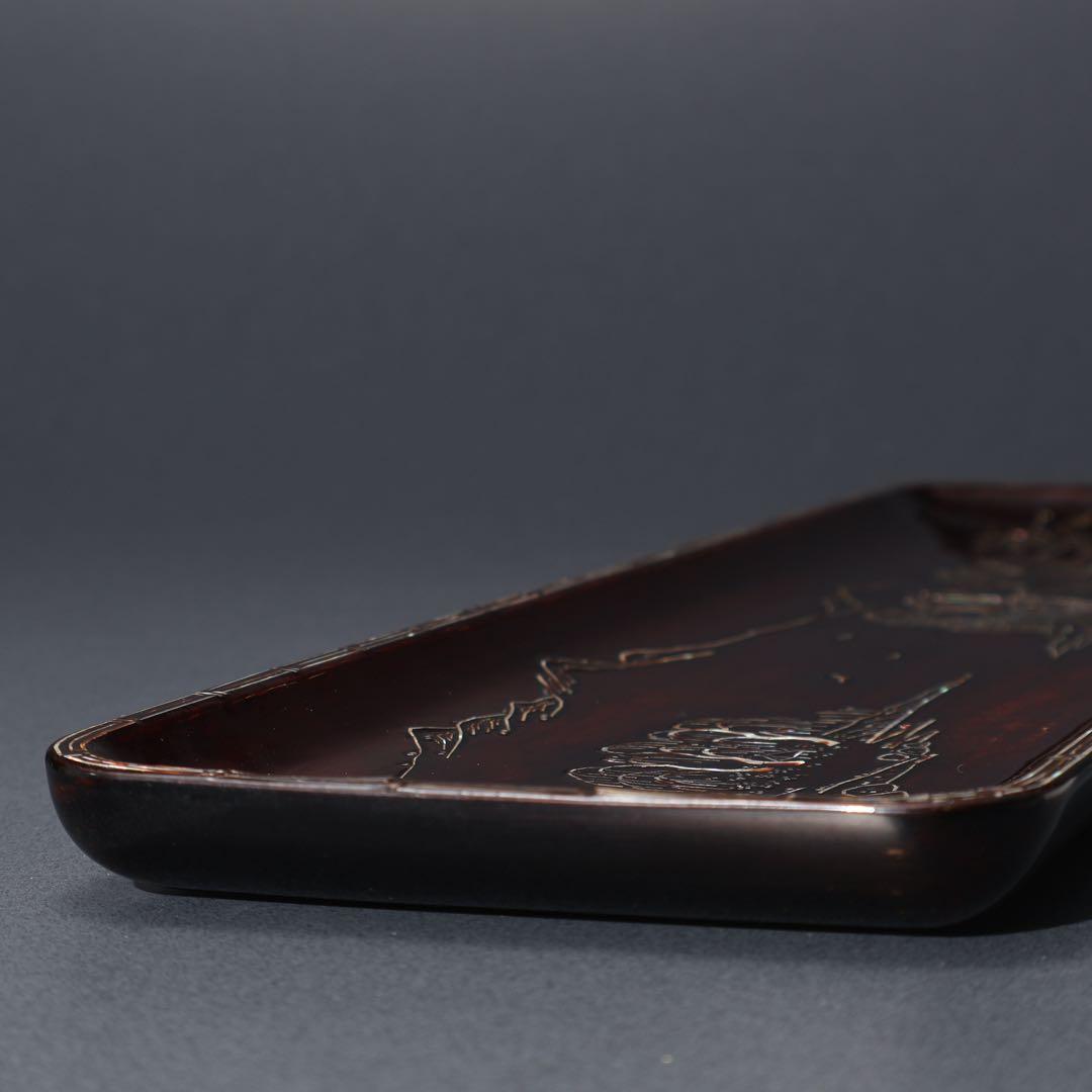 【茶道具】煎茶盆　螺鈿　山水文　桐箱　一文字盆　6R1521ダN2