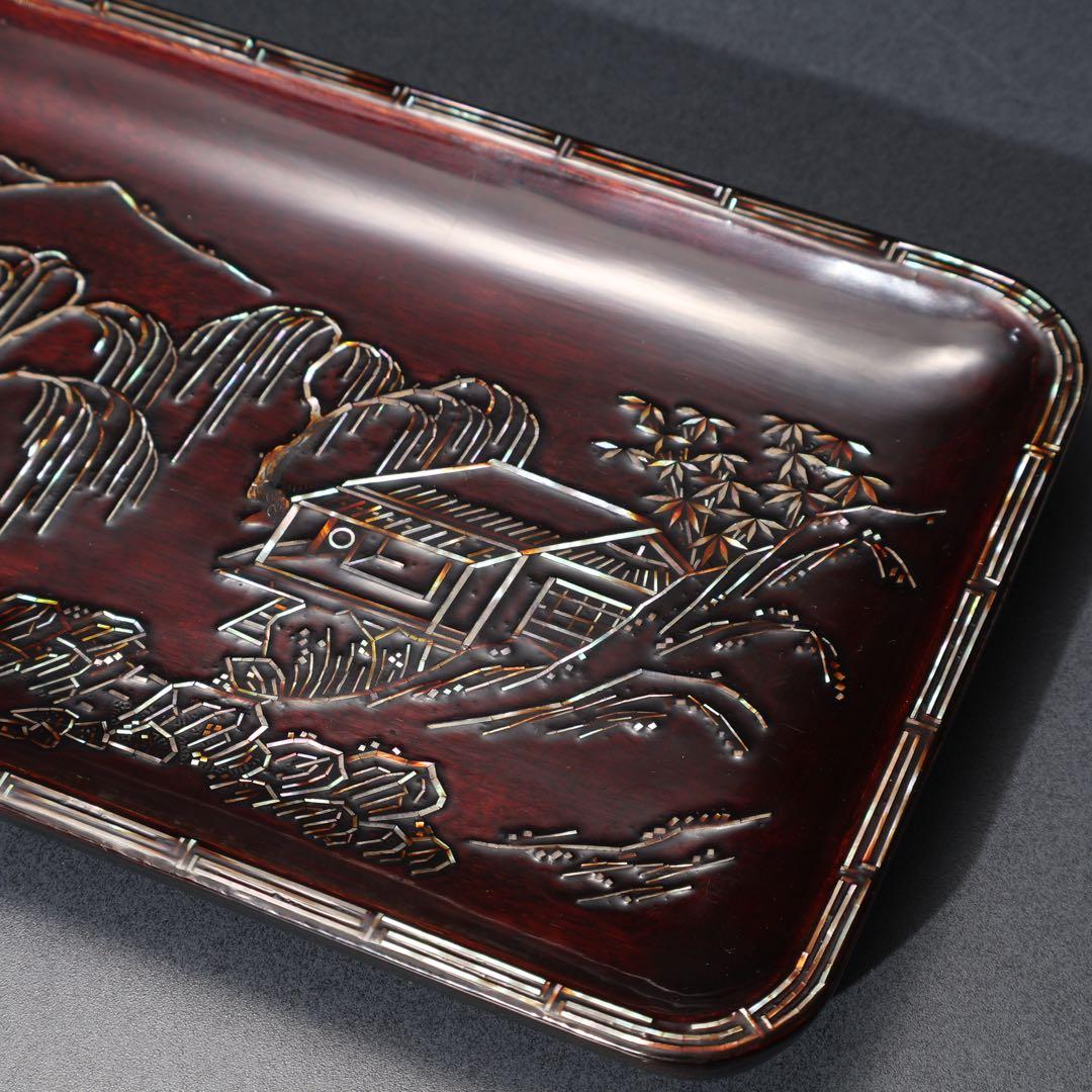 【茶道具】煎茶盆　螺鈿　山水文　桐箱　一文字盆　6R1521ダN2