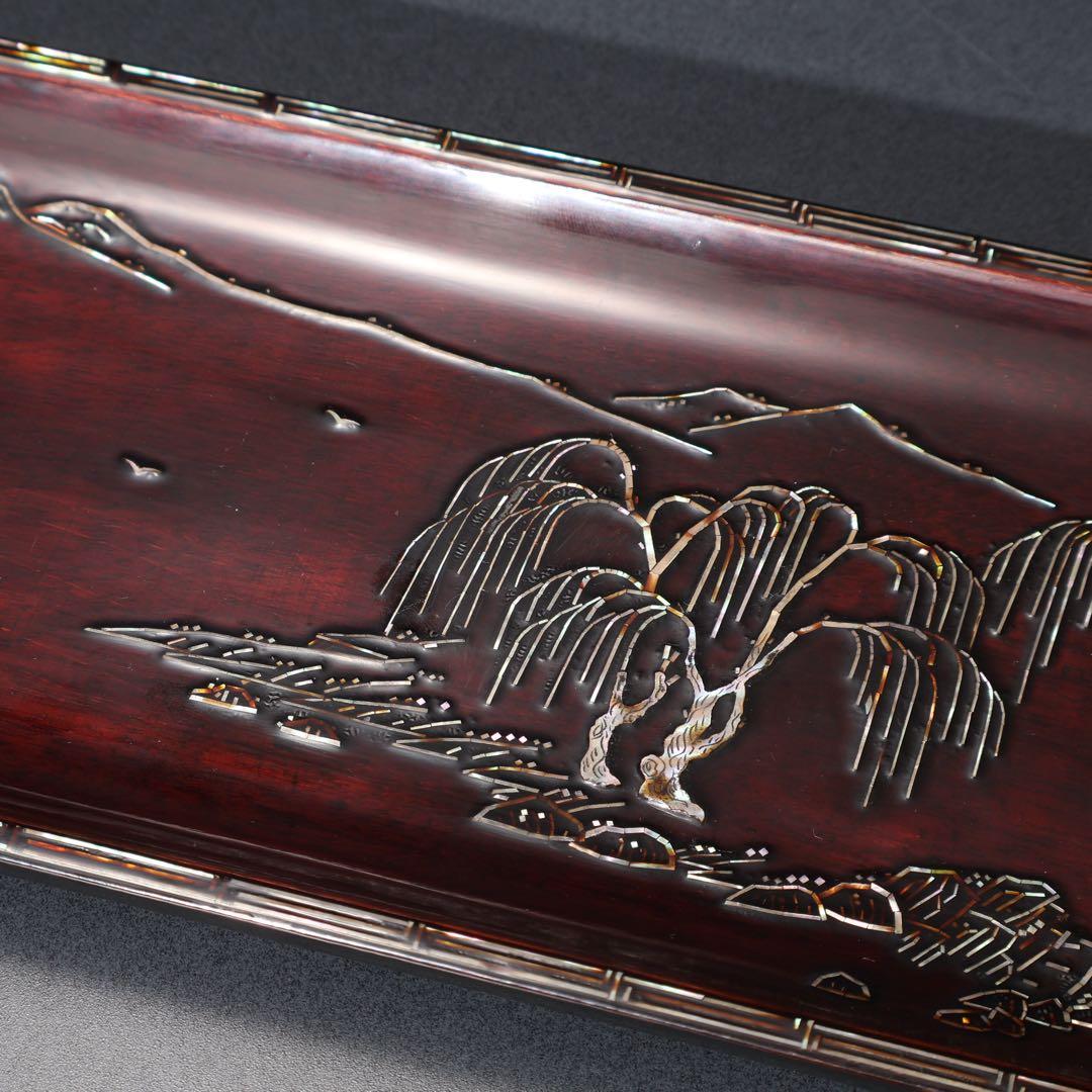 【茶道具】煎茶盆　螺鈿　山水文　桐箱　一文字盆　6R1521ダN2