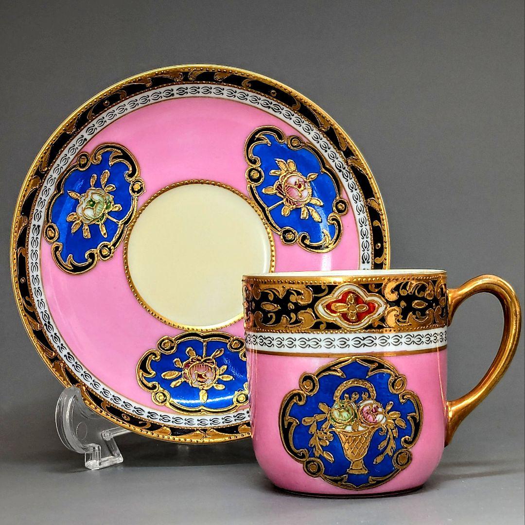 名古屋製陶 オールドメイトウ 金盛上ピンク地華装飾 キャビネットカップ＆ソーサー