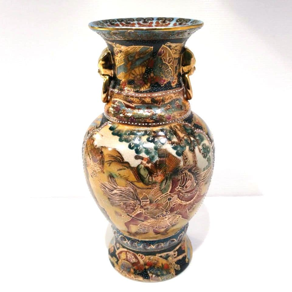 薩摩焼 金襴手 金彩 色絵 色錦 豪華絢爛 武者図 美人画 飾り壺 古美術 花器