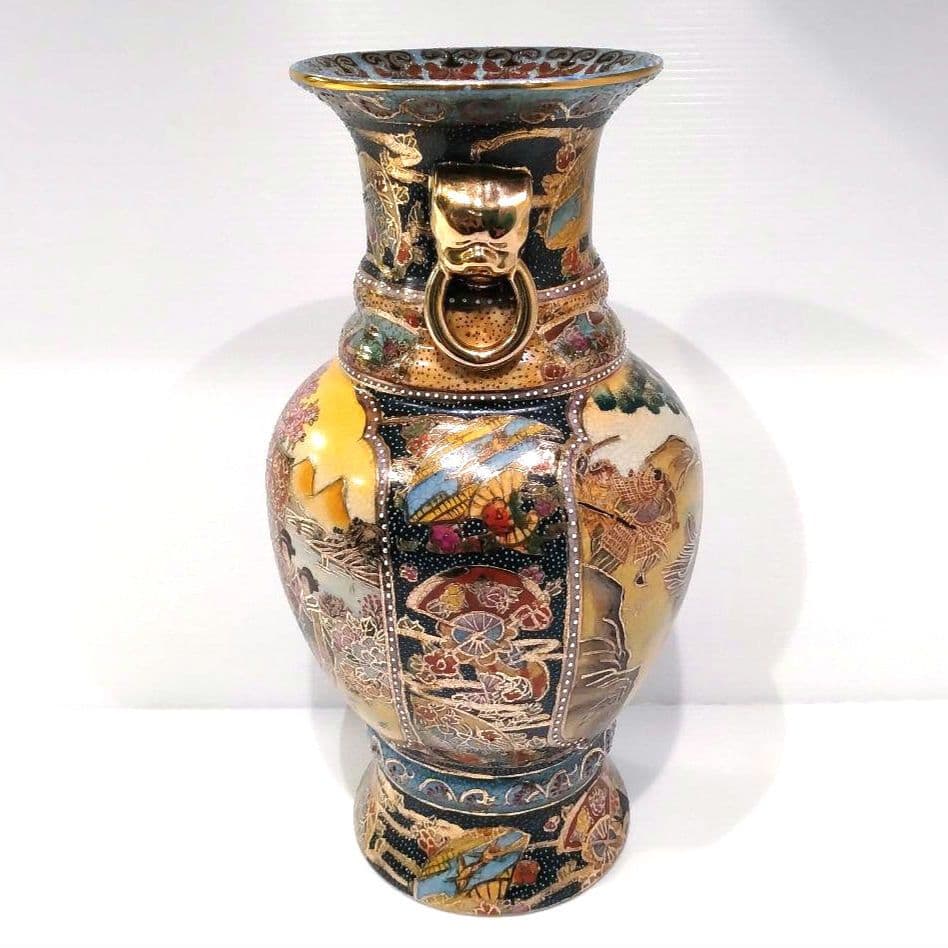 薩摩焼 金襴手 金彩 色絵 色錦 豪華絢爛 武者図 美人画 飾り壺 古美術 花器