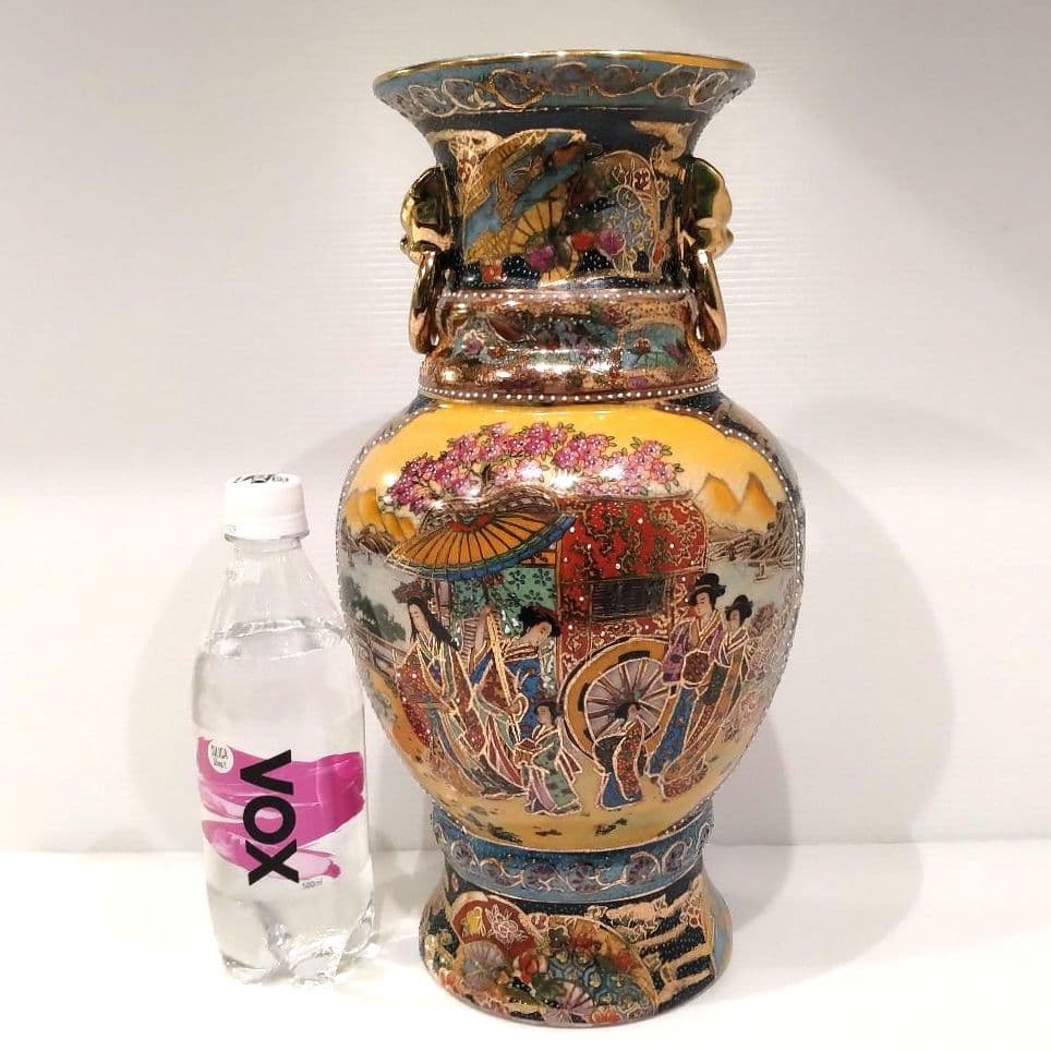 薩摩焼 金襴手 金彩 色絵 色錦 豪華絢爛 武者図 美人画 飾り壺 古美術 花器