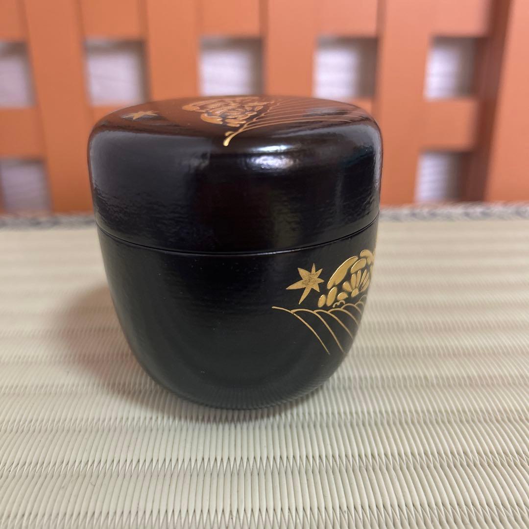 石井隆鳳作　一閑波車蒔絵　利休棗　共箱　茶道具