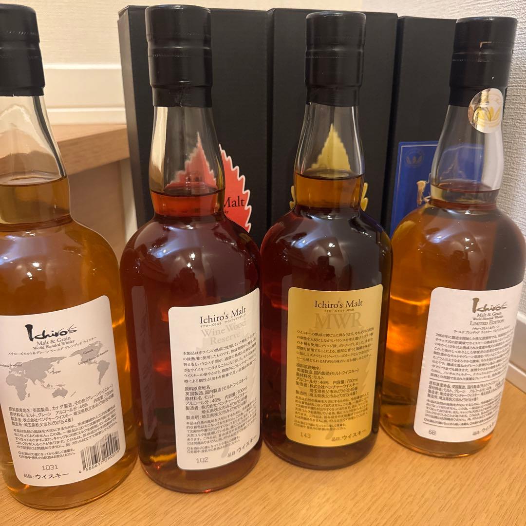 イチローズモルトミズナラ1本ワインウッド1本リミテッド、ホワイトラベ4本セット。