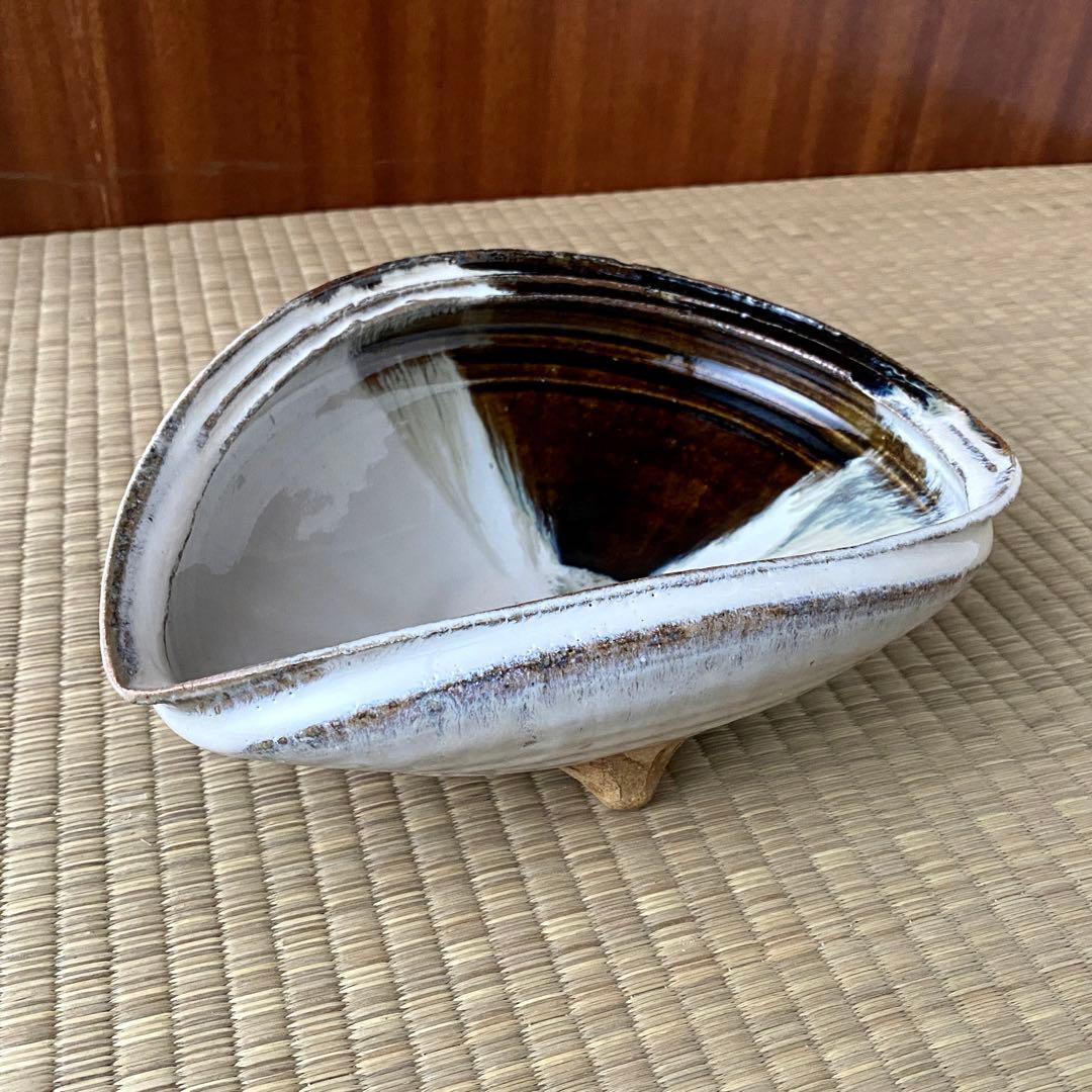 美品 未使用 唐津焼 岡本作礼造 【朝鮮唐津】 鮑型 脚付鉢 共箱