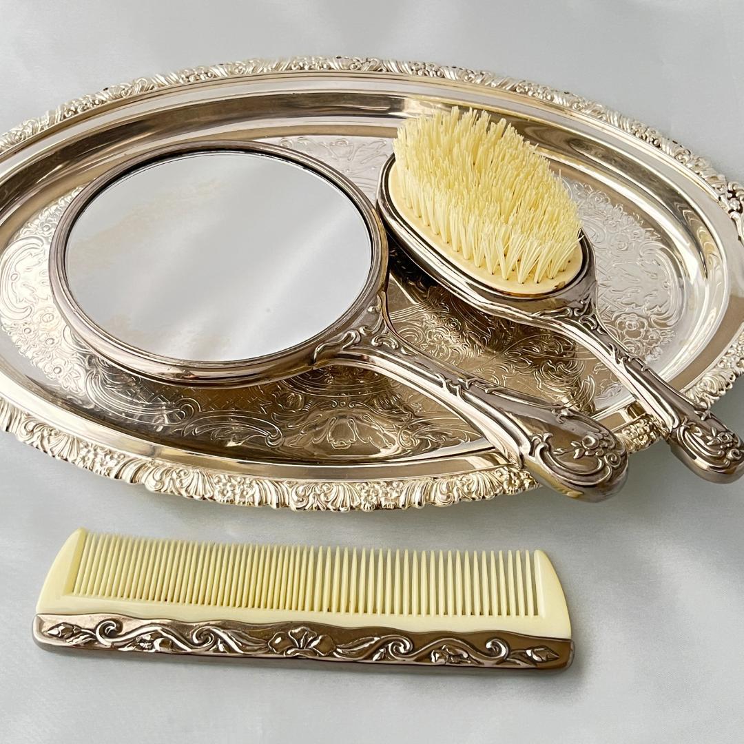 【天使と薔薇】 ロココのミラー/ブラシ/コーム【シルバープレート】 手鏡