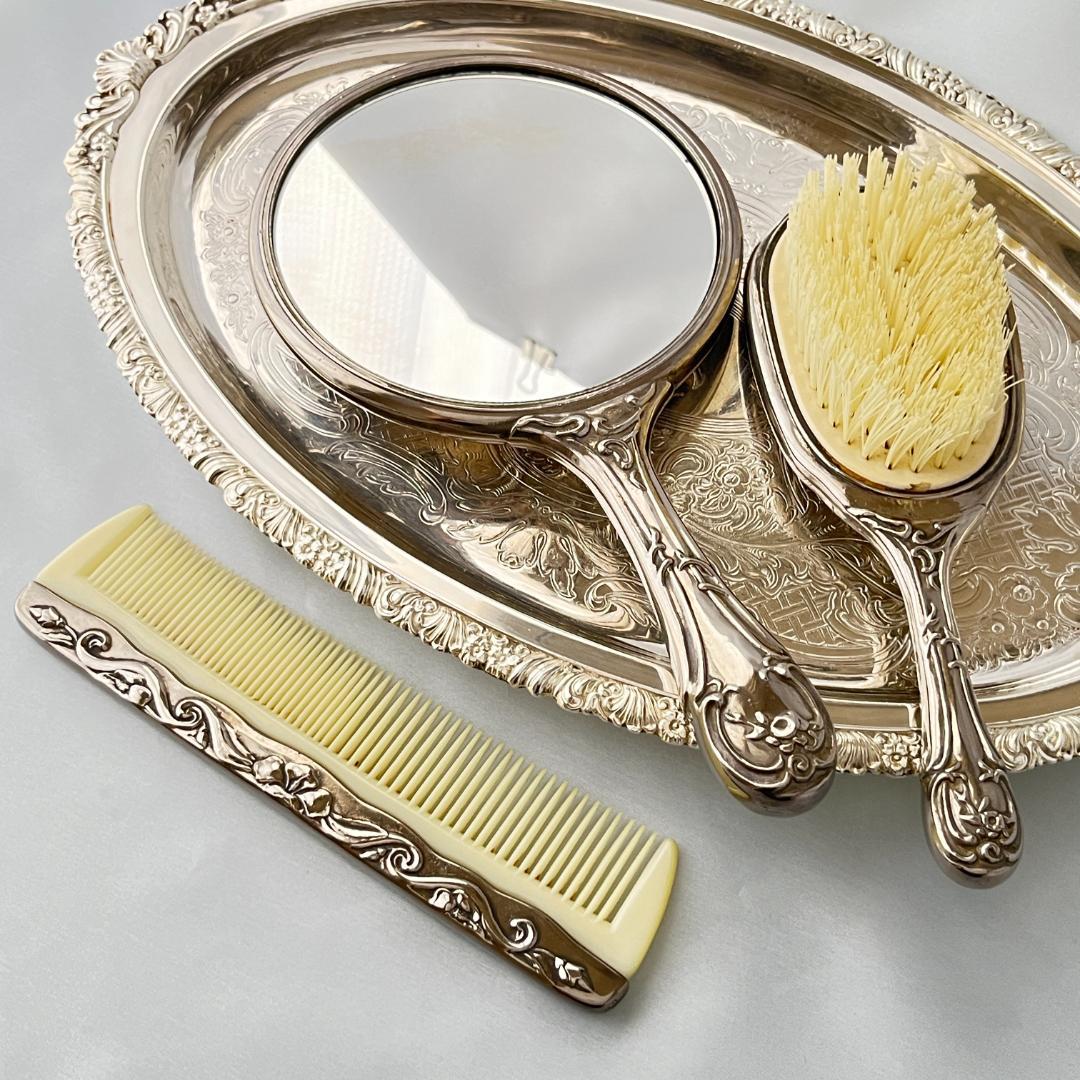 【天使と薔薇】 ロココのミラー/ブラシ/コーム【シルバープレート】 手鏡