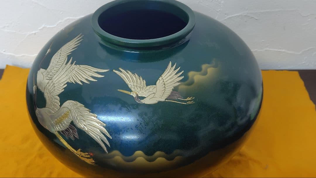 高岡銅器 花器 鶴文様 大型 壺 緑青色 鋳銅 花瓶 伝統工芸