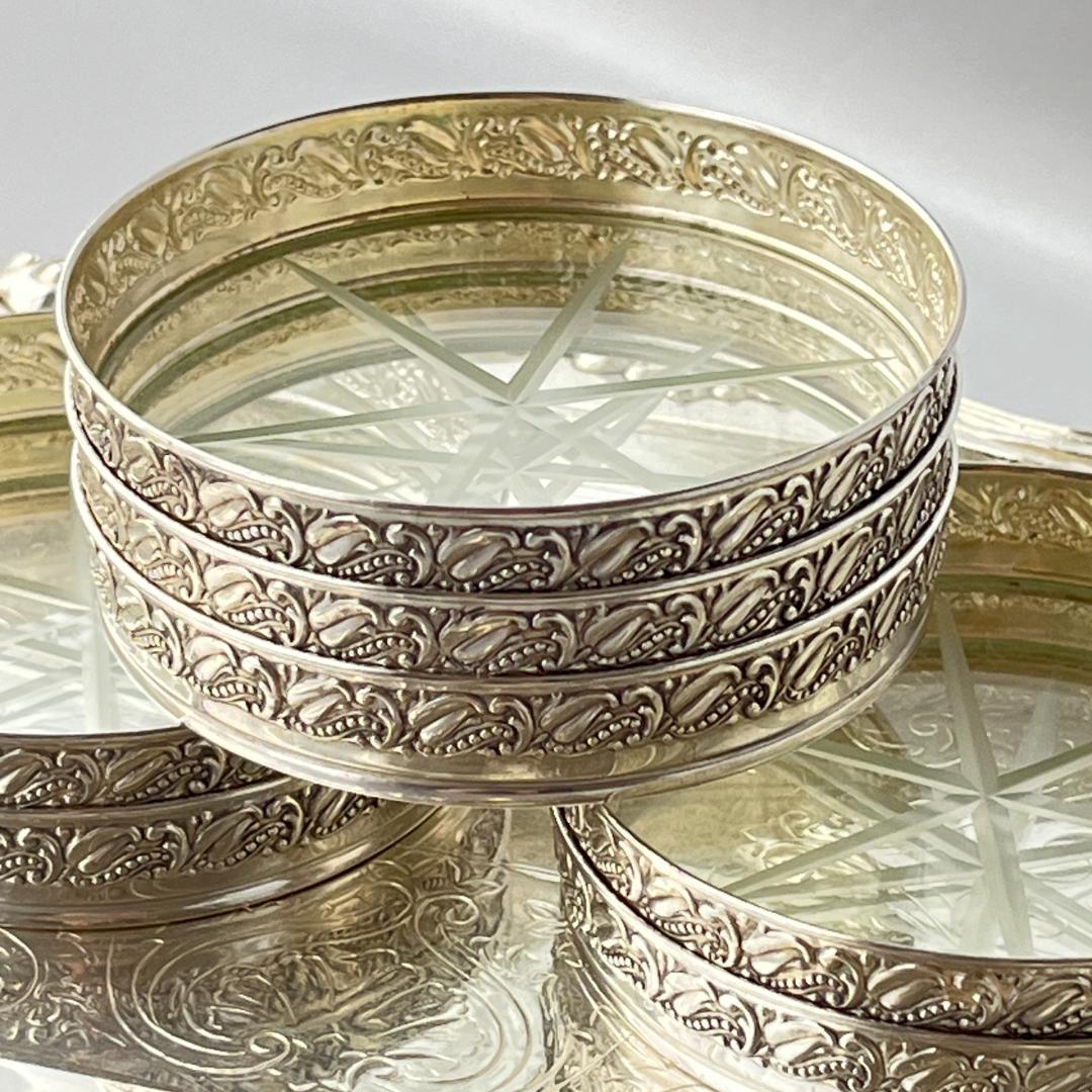 【Webster】 【純銀 / ガラス】レリーフのワイングラスコースター 8枚