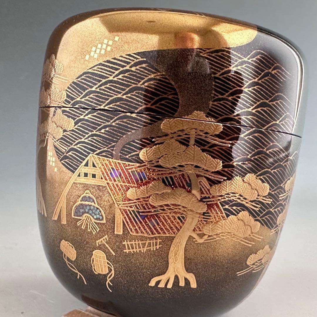 茶道具　塩釜蒔絵　大棗　内銀地　細川司光　共箱　漆芸　薄茶器　山中塗　茶会