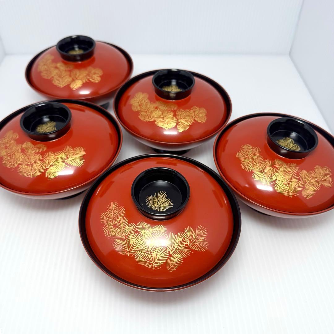 輪島塗 蓋付き椀 沈金 5客セット 漆器 伝統工芸 陶芸 漆器 赤