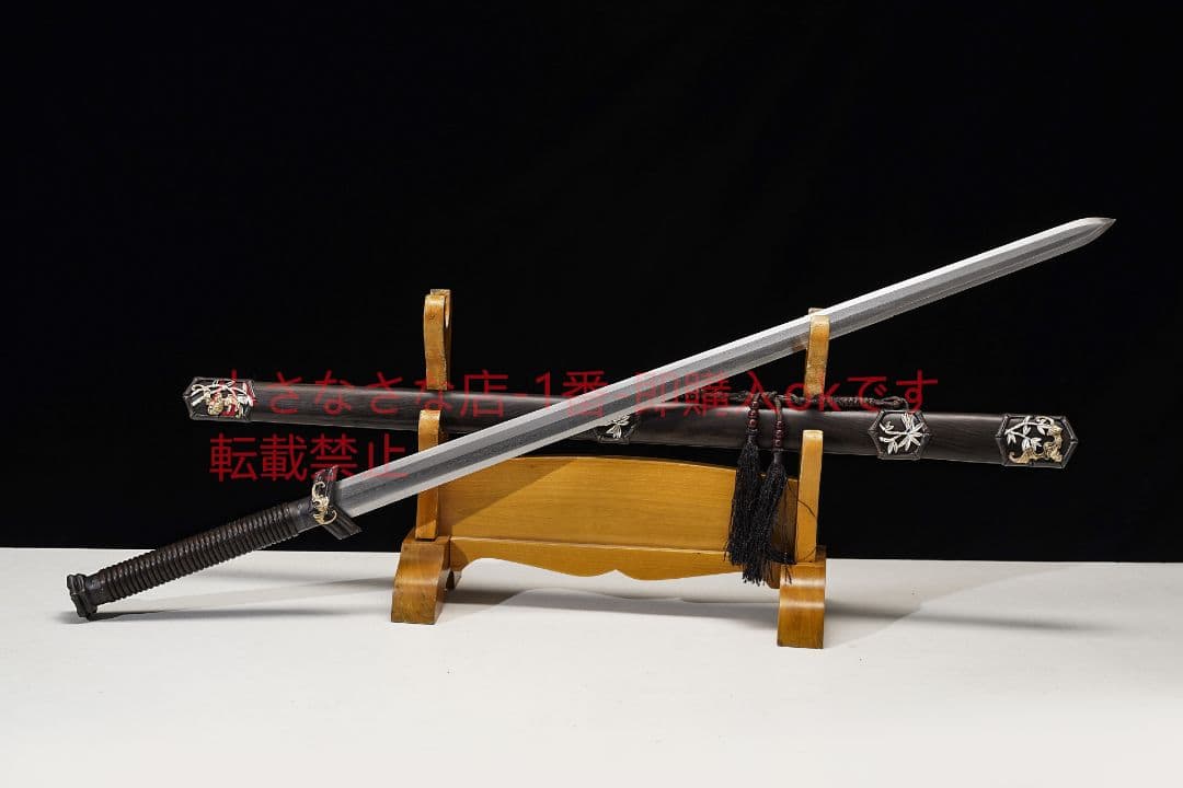 ポリ福剣銅装鎏金銀花紋鋼黒檀 古兵器 武具 刀装具 日本刀 模造刀 居合刀
