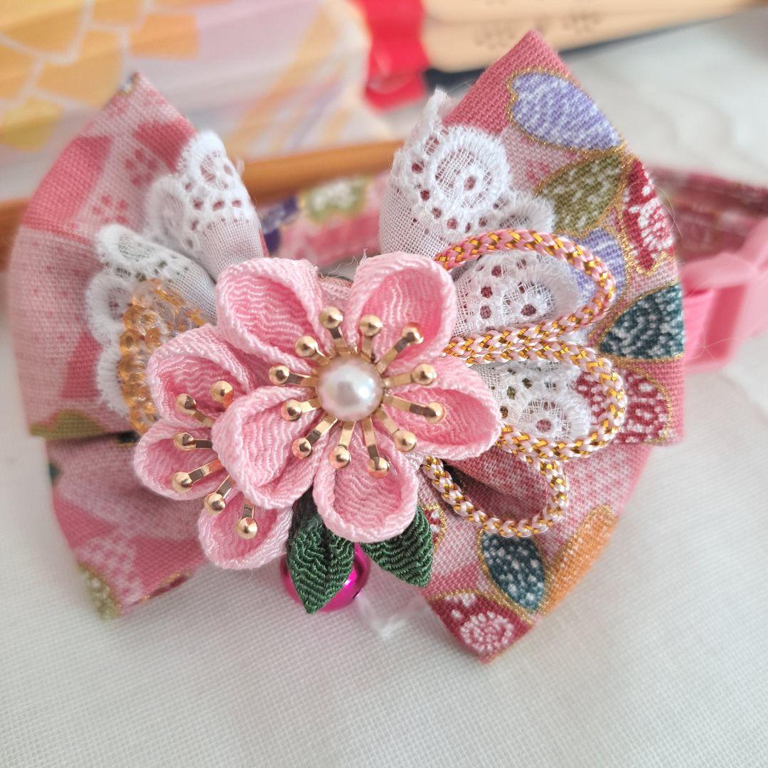 お正月、つまみ細工リボ(ピンク④)わんちゃん猫ちゃん用首輪