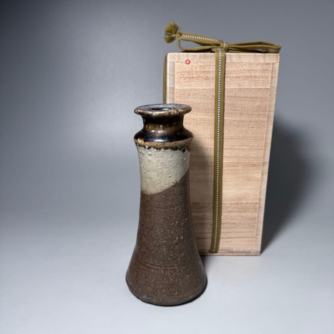 古唐津　花生　共箱　古美術　枯れの美　釉薬の流れ　19cm　蒐集家放出品