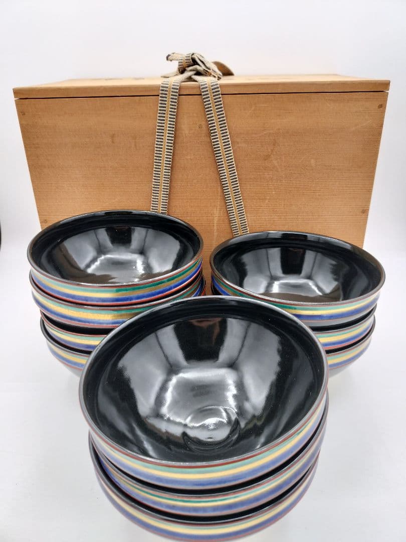 c773 数茶碗 黒仁清　独楽文 手塚桐鳳 10客 木箱 茶道具 古物