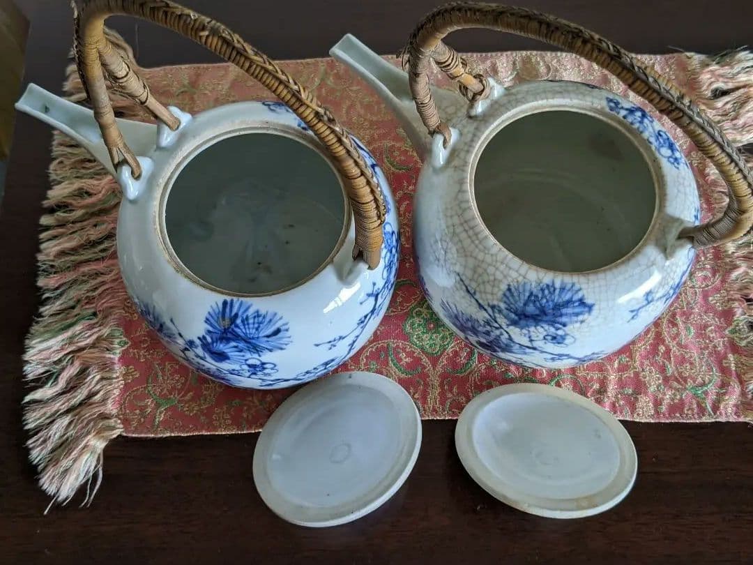 ⭐染付 松葉梅花文様 銚子1対 京焼 真葛焼 宮川香齋作 明治時代の骨董品