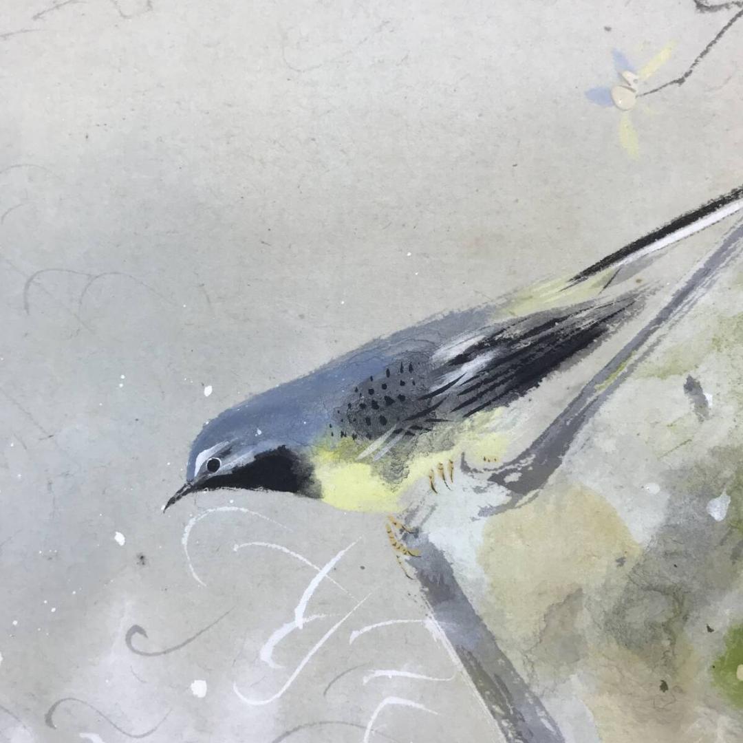 真作/北上聖牛/花鳥図/春川小禽図/春景小鳥図/横物/掛軸☆宝船☆AH-673