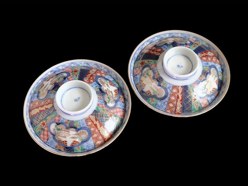 九谷　大聖寺伊万里　金襴手　山水　紋章の図　蓋茶碗　２客　361AS-DAl