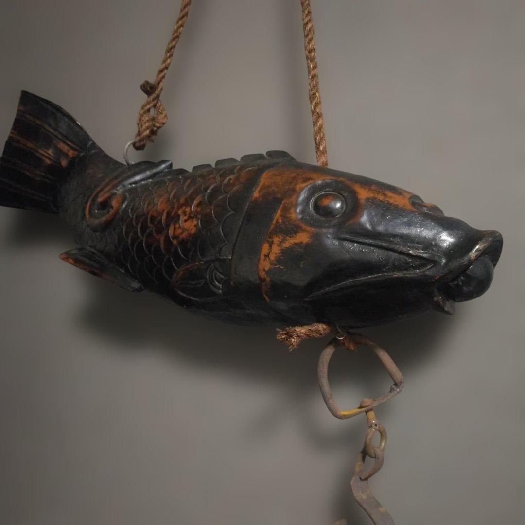 時代物 木製／自在鉤 魚 鯉 横木 全長47cm 囲炉裏 古民芸