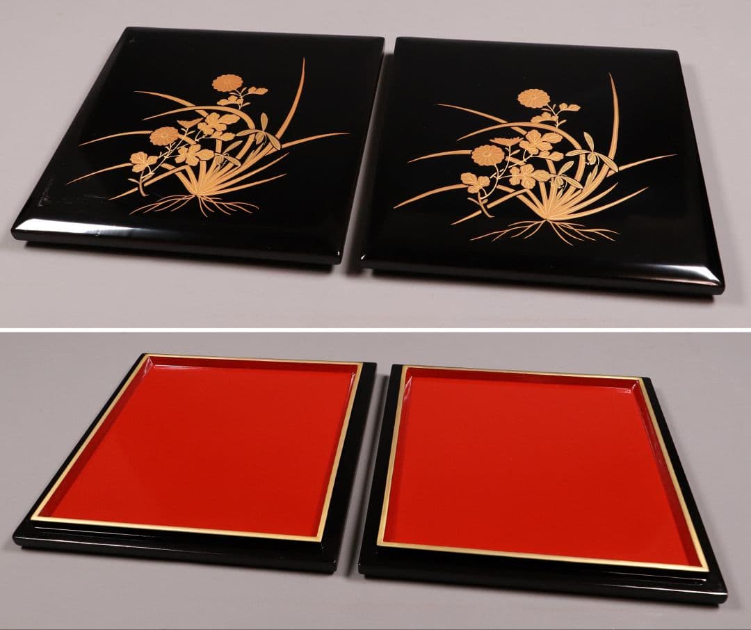 輪島塗 四君子 金蒔絵 二段重 重台 二枚蓋 黒塗 朱塗 木箱 木製 MA90