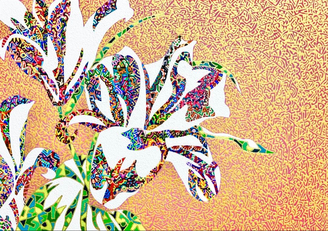 原画　百合　花　動物画　絵画　アクリル画　現代アート　細密画　手描き　一点物