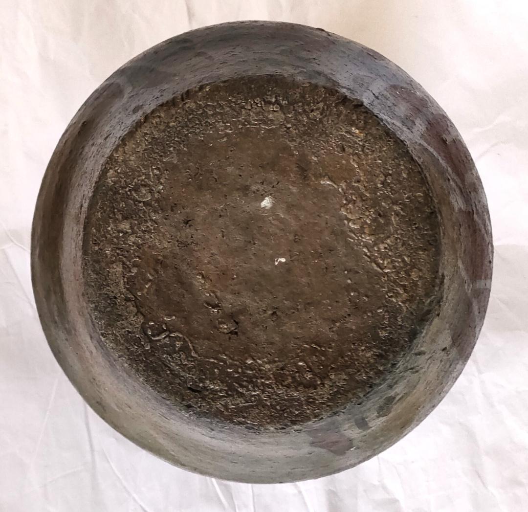 壺 三耳 モスグリーンと黒の釉薬雨垂れ 骨董 Ag-235