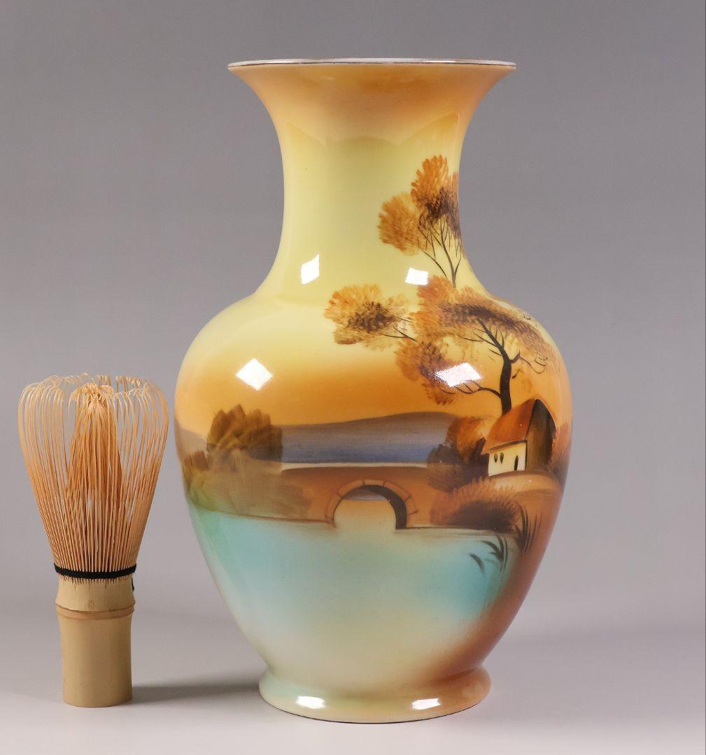 【CM304】オールドノリタケ 湖畔の風景 花瓶 高21cm 夕焼け 花入 花器